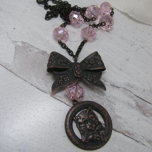 Vintage Style Kitty Cat Feline Victorian Ribbon Necklace Pink Crystal Beads
